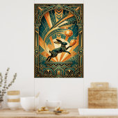 Art Deco Leaping Rabbit Gold & Teal Art ポスター (キッチン)