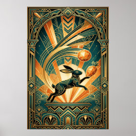 Art Deco Leaping Rabbit Gold & Teal Art ポスター