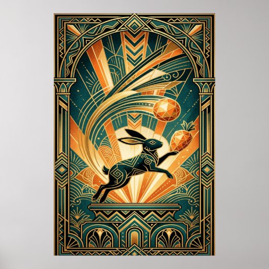 Art Deco Leaping Rabbit Gold & Teal Art ポスター (正面)