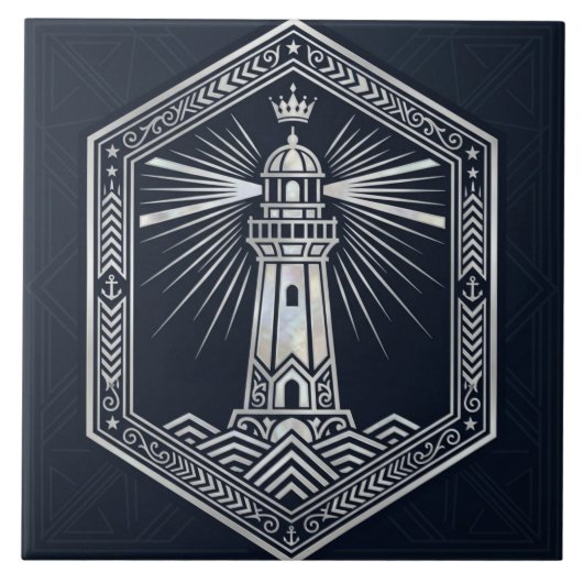 Art Deco Lighthouse Nautical Silver Design タイル (正面)