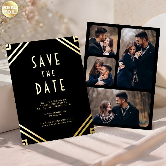 Art Deco Lines Black Gold Wedding Save the Date 箔招待状