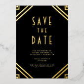 Art Deco Lines Black Gold Wedding Save the Date 箔招待状 (正面)
