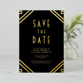 Art Deco Lines Black Gold Wedding Save the Date 箔招待状 (立ち正面)