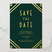 Art Deco Lines Emerald Gold Wedding Save the Date 箔招待状 (正面)
