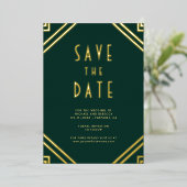 Art Deco Lines Emerald Gold Wedding Save the Date 箔招待状 (立ち正面)