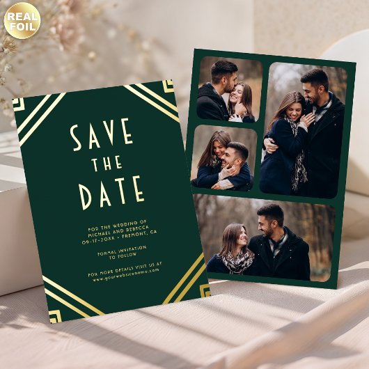 Art Deco Lines Emerald Gold Wedding Save the Date 箔招待状