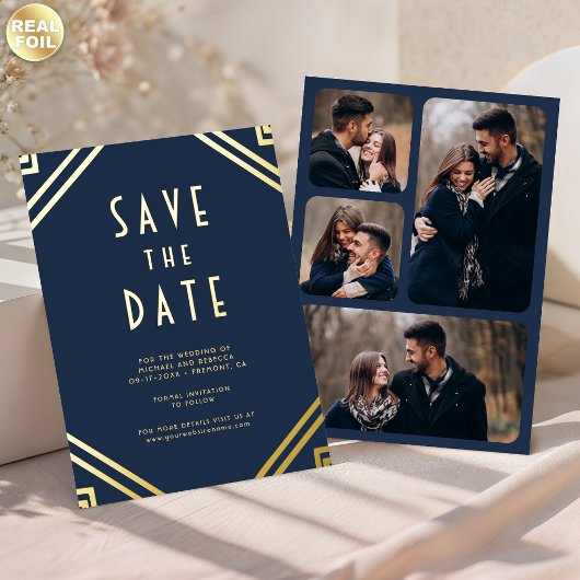Art Deco Lines Navy Gold Wedding Save the Date 箔招待状