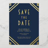 Art Deco Lines Navy Gold Wedding Save the Date 箔招待状 (正面)