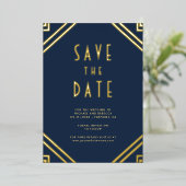 Art Deco Lines Navy Gold Wedding Save the Date 箔招待状 (立ち正面)