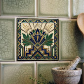 Art Deco Lotus Floral Navy Blue Gold Green Pattern タイル
