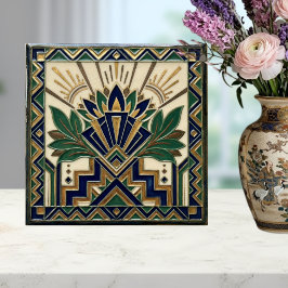 Art Deco Lotus Floral Navy Blue Gold Green Pattern タイル