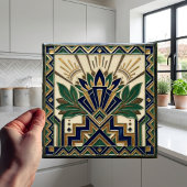 Art Deco Lotus Floral Navy Blue Gold Green Pattern タイル