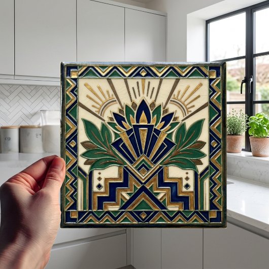 Art Deco Lotus Floral Navy Blue Gold Green Pattern タイル