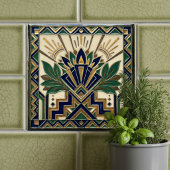 Art Deco Lotus Floral Navy Blue Gold Green Pattern タイル