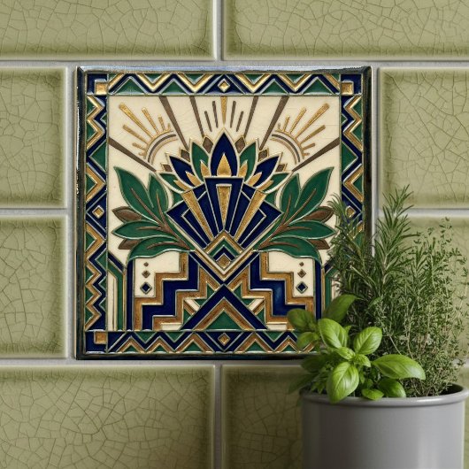 Art Deco Lotus Floral Navy Blue Gold Green Pattern タイル