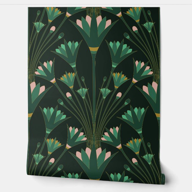Art Deco Lotus - Scallop Lotus - Emerald Green 壁紙 (ほどく)