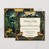 Art Deco Mountain Forest Birthday Party 招待状 (正面/裏面)