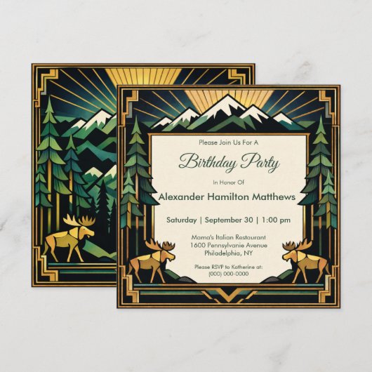 Art Deco Mountain Forest Birthday Party 招待状 (正面/裏面)