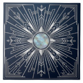Art Deco Nautical Sunburst Navy Silver Ceramic  タイル (正面)