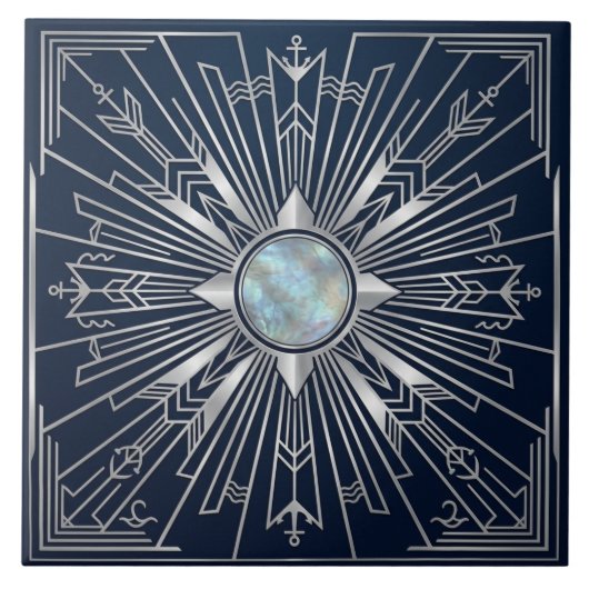 Art Deco Nautical Sunburst Navy Silver Ceramic  タイル (正面)
