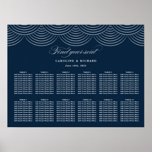 Art Deco Navy Blue Silver Wedding Seating Chart ポスター