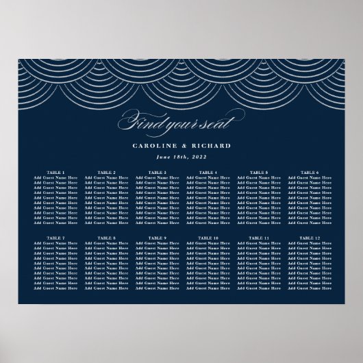 Art Deco Navy Blue Silver Wedding Seating Chart ポスター (正面)