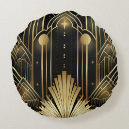 Art Déco Noir et Or - Élégance Vintage Géométrique ラウンドクッション