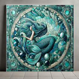 Art Deco Ocean Mermaid Aqua Blue Coral Mosaic Cool タイル