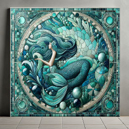 Art Deco Ocean Mermaid Aqua Blue Coral Mosaic Cool タイル