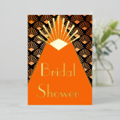 Art Deco Orange Black Gold Bridal Shower 箔招待状 (立ち正面)