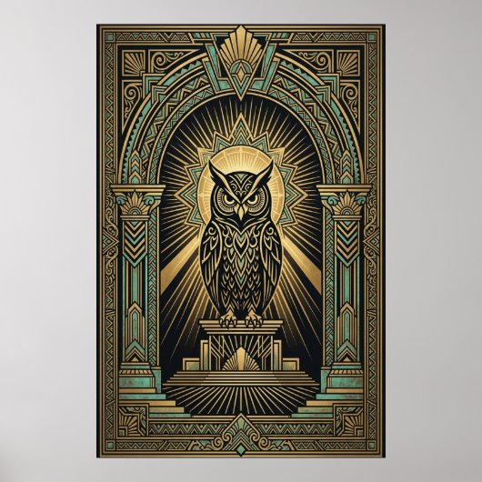 Art Deco Owl Wisdom Poster | Gold & Teal Geometric ポスター (正面)