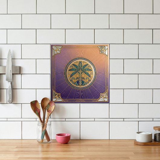 Art Deco Palm Tree Sunrise Gradient Ceramic Tile タイル