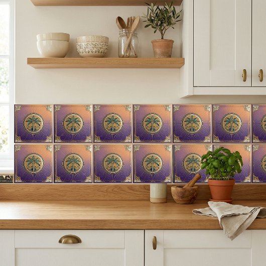 Art Deco Palm Tree Sunrise Gradient Ceramic Tile タイル