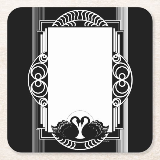 Art Deco Parisian Black and White Swans スクエアペーパーコースター (正面)