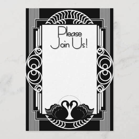 Art Deco Parisian Black and White Swans 招待状 (正面)