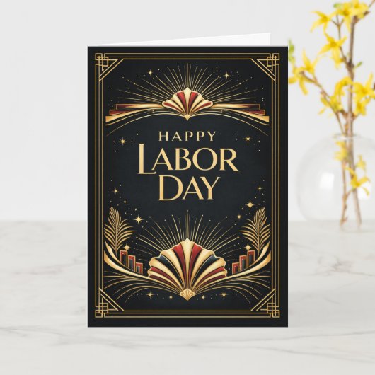 Art Deco Patriotic Gold Tribute Happy Labor Day カード (黄色い花)