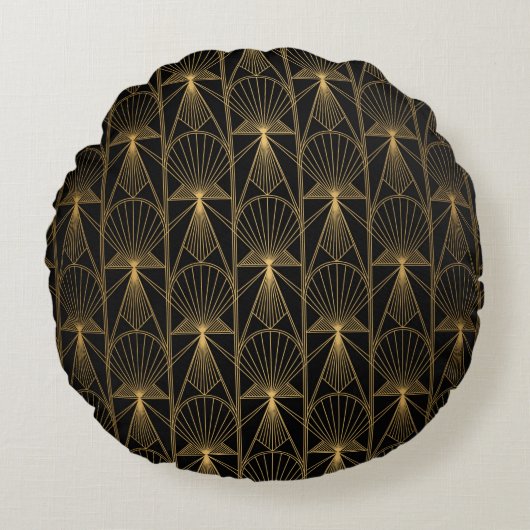 Art Deco Pattern. Seamless black and gold backgrou ラウンドクッション (正面)