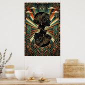 Art Deco Peacock Feather Dancer Gold Teal Poster ポスター (キッチン)