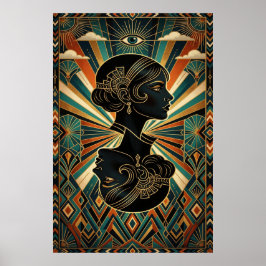 Art Deco Peacock Feather Dancer Gold Teal Poster ポスター