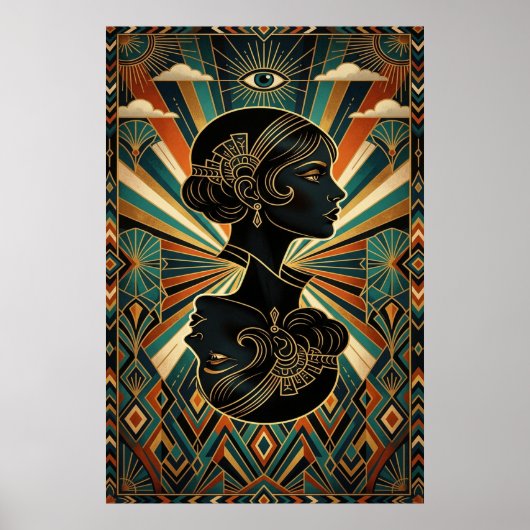 Art Deco Peacock Feather Dancer Gold Teal Poster ポスター (正面)