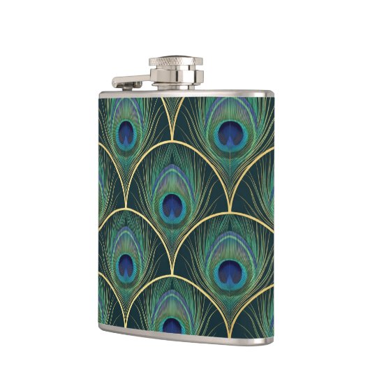 Art Deco Peacock Feather Pattern in Teal & Gold フラスク (左)