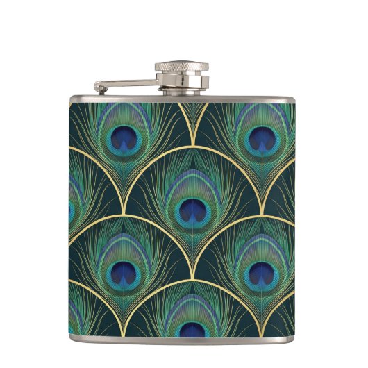 Art Deco Peacock Feather Pattern in Teal & Gold フラスク (正面)