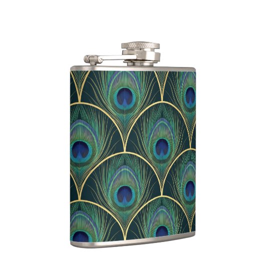 Art Deco Peacock Feather Pattern in Teal & Gold フラスク (右)