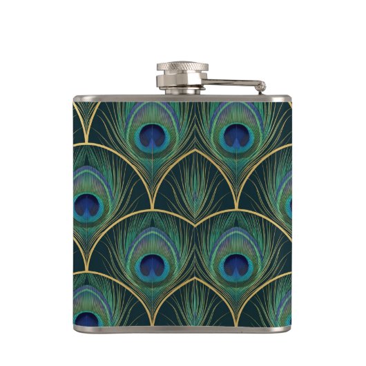 Art Deco Peacock Feather Pattern in Teal & Gold フラスク (裏面)