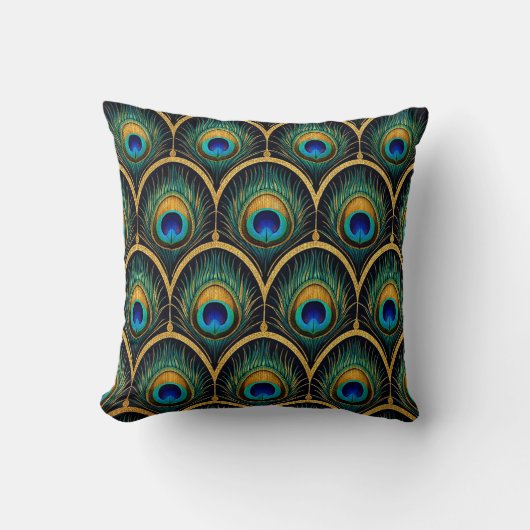 Art Deco Peacock Feather Pattern Throw Pillow クッション (正面)