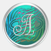 Art Deco Peacock Monogram 3 Silver ラウンドシール (正面)