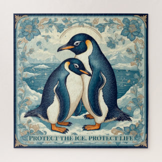 Art Deco Penguin Ice Bird Couple Floral Snow Ocean ジグソーパズル