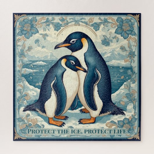 Art Deco Penguin Ice Bird Couple Floral Snow Ocean ジグソーパズル (縦)