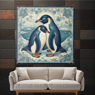 Art Deco Penguin Ice Bird Couple Snow Ocean Floral タイル