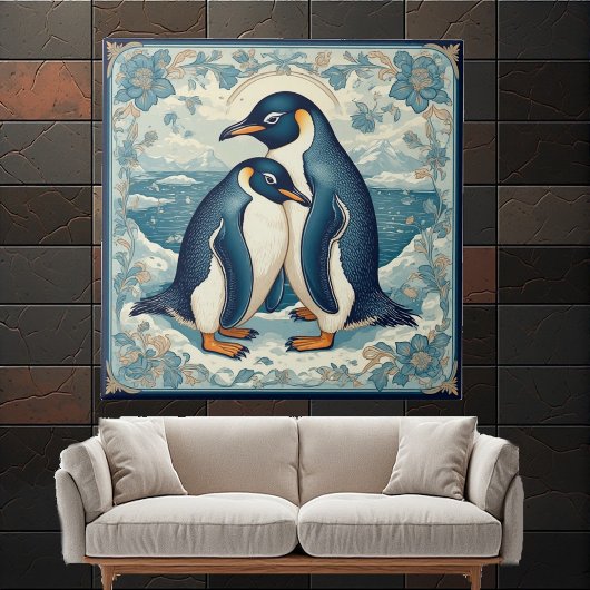 Art Deco Penguin Ice Bird Couple Snow Ocean Floral タイル